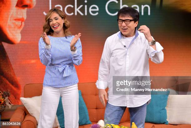 Karla Martinez and Jackie Chan promotes new movie The Foreigner on Despierta America morning show at Univision Studios on October 12, 2017 in Miami,...