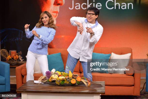 Karla Martinez and Jackie Chan promotes new movie The Foreigner on Despierta America morning show at Univision Studios on October 12, 2017 in Miami,...