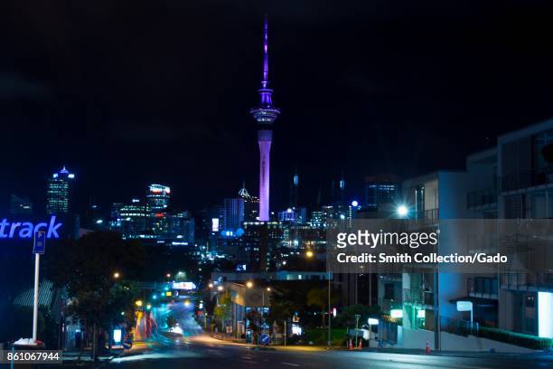 Night view of the skyline of Auckland, New Zealand, including the Sky Tower, October 10, 2017.