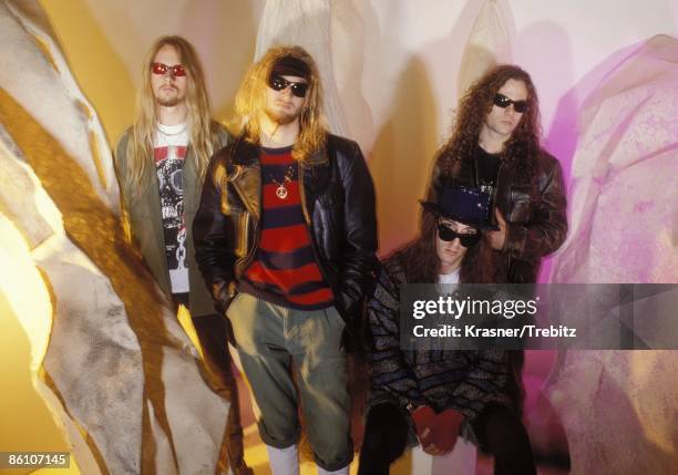 American rock band Alice in Chains, USA, 1990. Left to right: guitarist Jerry Cantrell, singer Layne Staley , drummer Sean Kinney and bassist Mike...
