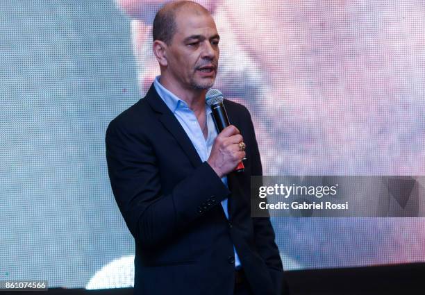 Sergio Hernandez coach of Argentina speaks during the final presentation of the Argentina-Uruguay Candidacy For FIBA World Cup 2023 at NH Hotel on...