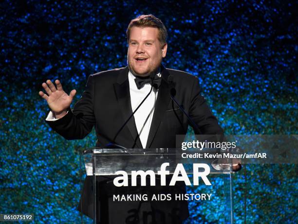Actor James Corden speaks onstage at the amfAR Gala Los Angeles 2017 at Ron Burkle's Green Acres Estate on October 13, 2017 in Beverly Hills,...