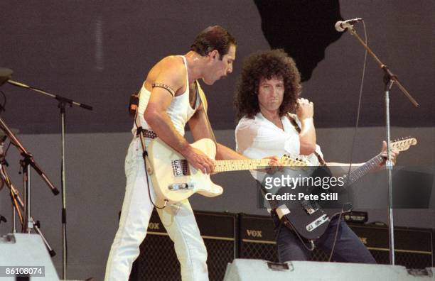 Photo of LIVE AID and Brian MAY and Freddie MERCURY and QUEEN, Freddie Mercury and Brian May performing live on stage at Live Aid