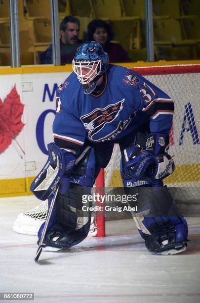 Olaf Kolzig of the Washington Capitals skates against the Toronto Maple Leafs during NHL game action on November 10, 1995 at Maple Leaf Gardens in...