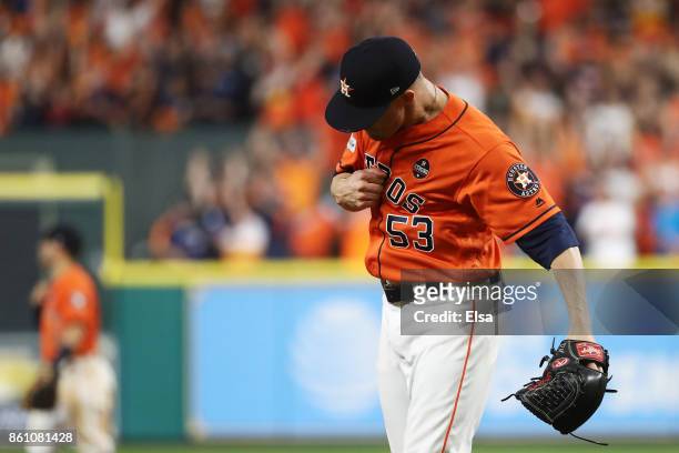 Ken Giles of the Houston Astros celebrates their 2 to 1 win over the New York Yankees during game one of the American League Championship Series at...
