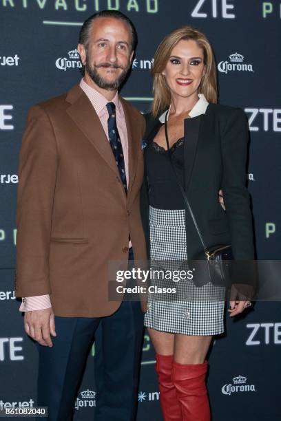 Rodrigo Rivera and Chantal Andere pose during the red carpet of the play "Privacidad" at Teatro de los Insurgentes on October 12, 2017 in Mexico...