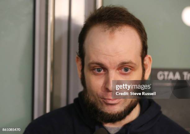 Joshua Boyle speaks to the media. He and his wife Caitlain Coleman and their two sons, 4 and 2, and newborn daughter returned to Canada after being...
