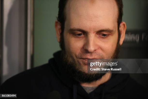 Joshua Boyle speaks to the media. He and his wife Caitlain Coleman and their two sons, 4 and 2, and newborn daughter returned to Canada after being...