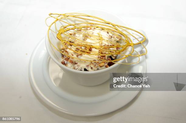 View of the dishes prepared by Dominique Crenn and Alex Guarnaschelli during a Dinner with Dominique Crenn and Alex Guarnaschelli part of the Bank of...