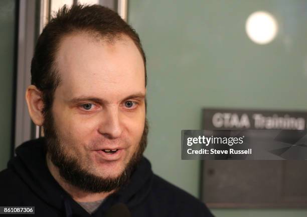 Joshua Boyle speaks to the media. He and his wife Caitlain Coleman and their two sons, 4 and 2, and newborn daughter returned to Canada after being...