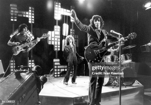 English rock group The Who perform the song 'Pinball Wizard' on the set of the BBC Television pop music television show Top Of The Pops at Lime Grove...