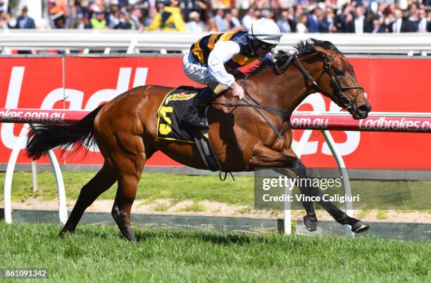 Luke Nolen riding Aloisia wins Race 6, Schweppes Thousand Guineas during Melbourne Racing on Caulfield Guineas Day at Caulfield Racecourse on October...