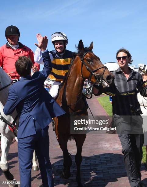 Luke Nolen reacts after winning aboard Aloisia in Race 6, Schweppes Thousand Guineas during Melbourne Racing on Caulfield Guineas Day at Caulfield...