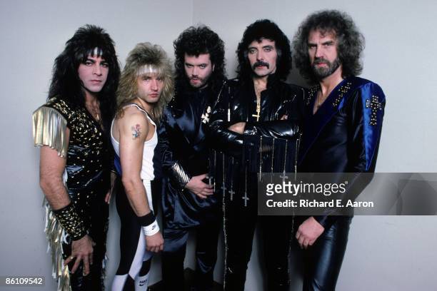 Photo of Tony IOMMI and Glenn HUGHES and BLACK SABBATH; L-R: Dave Spitz, Eric Singer, Glenn Hughes, Tony Iommi, Geoff Nicholls - posed, studio, group...