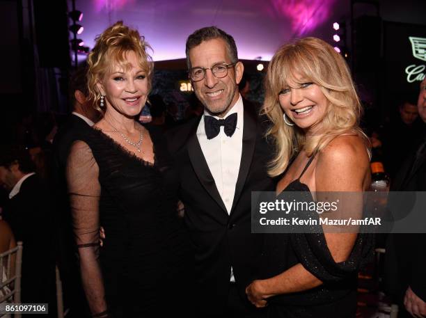 Actor Melanie Griffith, fashion designer Kenneth Cole, and actor Goldie Hawn attend the amfAR Gala Los Angeles 2017 at Ron Burkle's Green Acres...