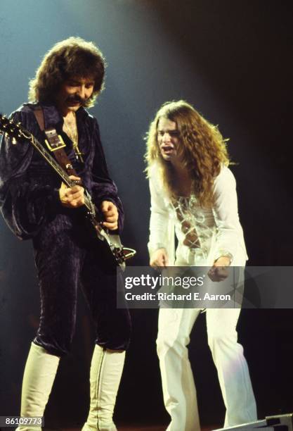Photo of Ozzy OSBOURNE and Tony IOMMI and BLACK SABBATH; L-R: Tony Iommi & Ozzy Osbourne performing live onstage, full length