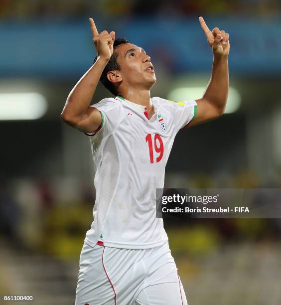 Mohammad Sardari of Iran celebrates after scoring his team's third goal during the FIFA U-17 World Cup India 2017 group C match between Costa Rica...