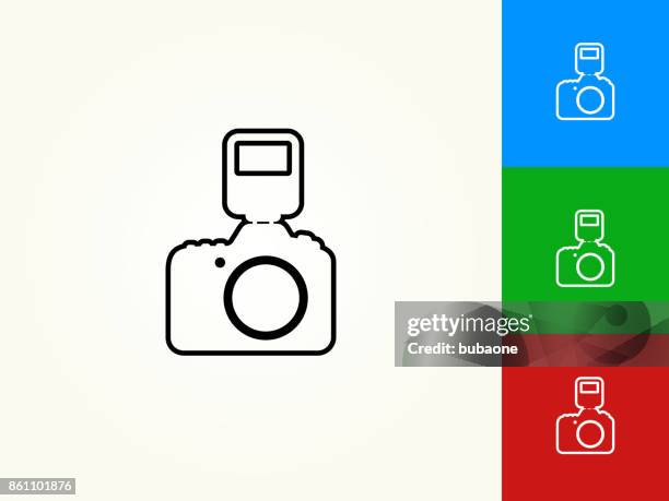 dslr camera and flash black stroke linear icon - dslr camera stock illustrations