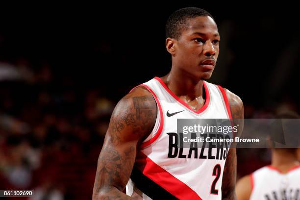 Archie Goodwin of the Portland Trail Blazers reacts during the preseason game against the Maccabi Haifa on October 13, 2017 at the Moda Center in...