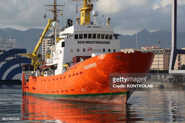 Palermo, the landing of 600 migrants to the Port of Palermo by Aquarius ship, mostly children. In the picture the Aquarius ship.