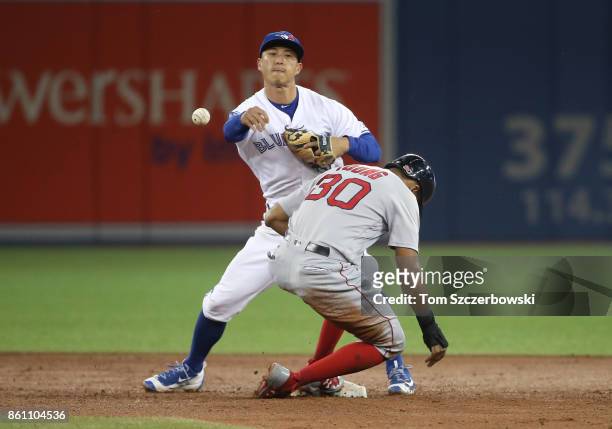 Rob Refsnyder of the Toronto Blue Jays gets the force out of Chris Young of the Boston Red Sox at second base but cannot turn the double play in the...