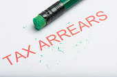 Word 'Tax Arrears' with Worn Pencil Eraser and Shavings