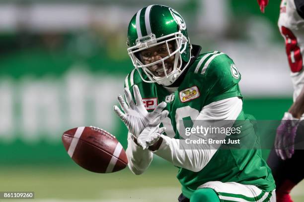 Duron Carter of the Saskatchewan Roughriders celebrates after another reception in the game between the Ottawa Redblacks and Saskatchewan Roughriders...