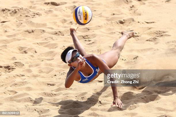 Xia Xinyi of China in action with Wang Fan of China during the match against Valentyna Davidova and Levgeniia Shchypkova of Ukraine on Day 4 of FIVB...