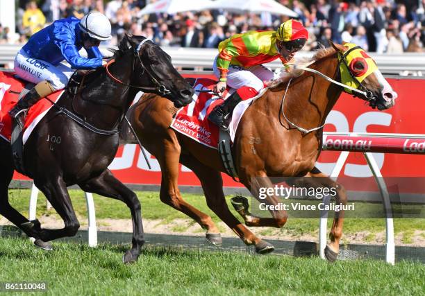 Michael Walker riding Mighty Boss defeats Damian Lane riding Kementari in Race 8, Ladbrokes Caulfield Guineas during Melbourne Racing on Caulfield...