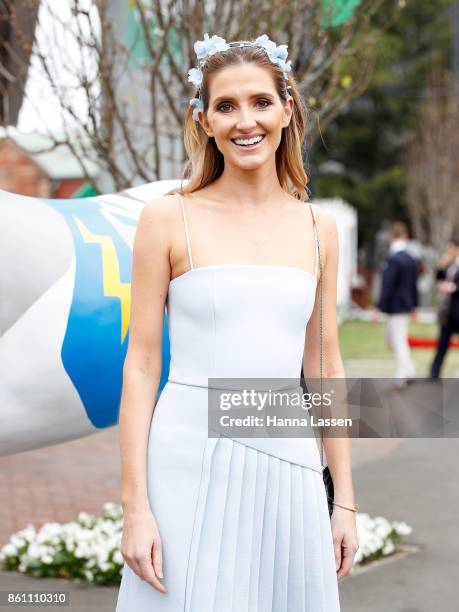 Kate Waterhouse wearing Nerida Winter headpiece, Dion Lee dress and Unpredictaheel at TAB Everest Day at Royal Randwick Racecourse on October 14,...