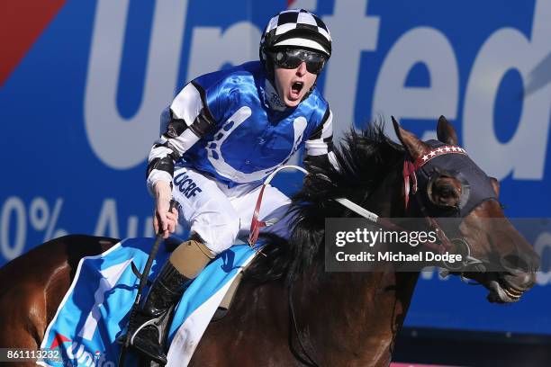 Damian Lane riding Tosen Stardom wins race 9 the United Petroleum Toorak Handicap during Melbourne Racing on Caulfield Guineas Day at Caulfield...