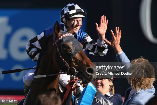 Damian Lane riding Tosen Stardom wins race 9 the United Petroleum Toorak Handicap during Melbourne Racing on Caulfield Guineas Day at Caulfield...