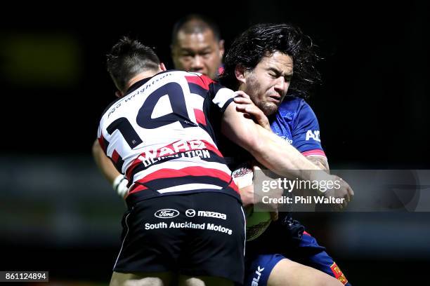 Tyrel Lomax of Tasman is tackled during the round nine Mitre 10 Cup match between Counties Manukau and Tasman at ECOLight Stadium on October 14, 2017...