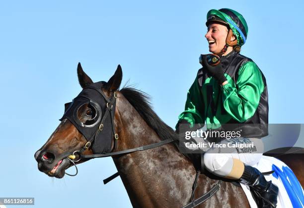 Katelyn Mallyon riding Super Cash after winning Race 10, Keno Kwikpik Schillaci Stakes during Melbourne Racing on Caulfield Guineas Day at Caulfield...