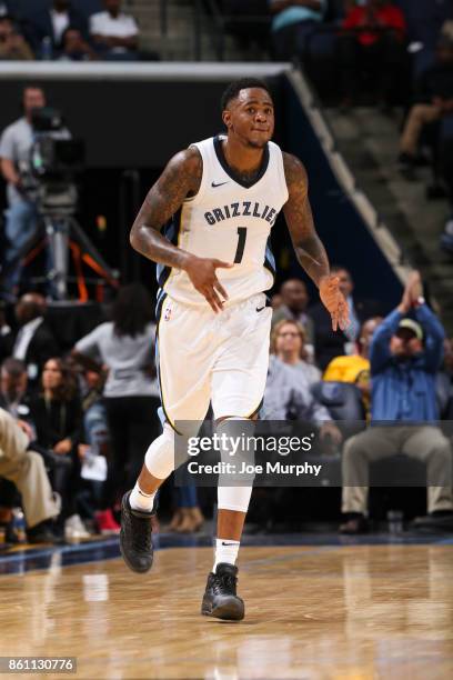 Durand Scott of the Memphis Grizzlies reacts during a preseason game against the New Orleans Pelicans on October 13, 2017 at FedExForum in Memphis,...