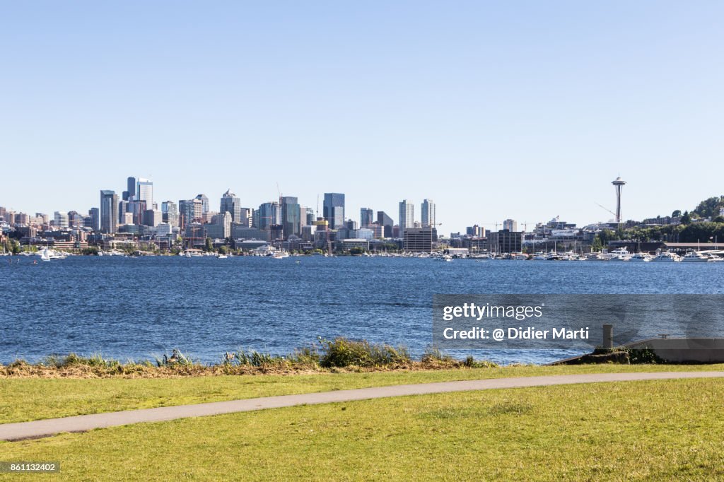 Seattle skyline across Union lake in the USA