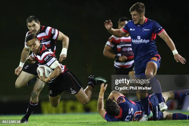 Tim Nanai-Williams of Counties is tackled during the round nine Mitre 10 Cup match between Counties Manukau and Tasman at ECOLight Stadium on October...