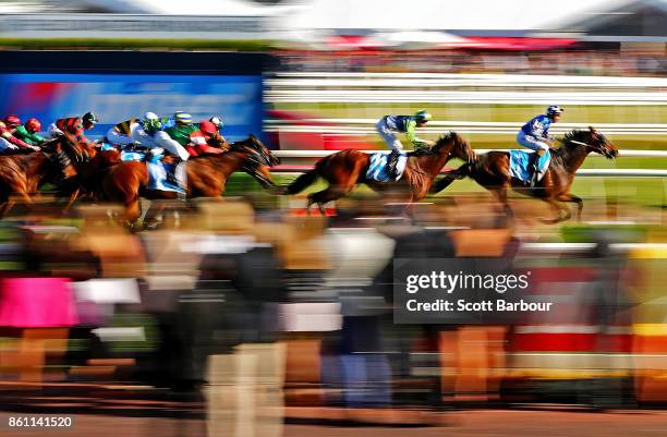 General view as Damian Lane riding Tosen Stardom wins race 9 the United Petroleum Toorak Handicap during Melbourne Racing on Caulfield Guineas Day at...