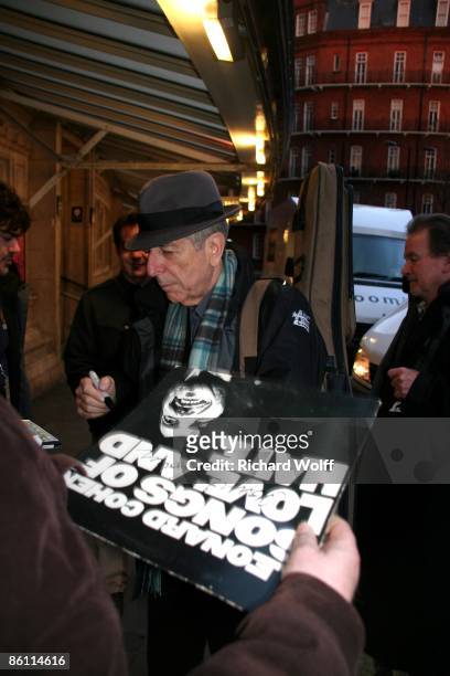 Photo of Leonard COHEN, Leonard Cohen signing autographs on his way in to the Royal Albert Hall for the last extended concert on the London leg of...