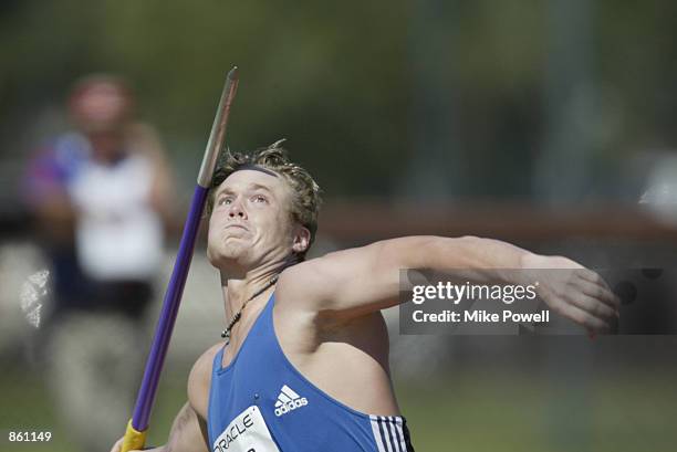 Breaux Greer competes in the men's javelin finals to go on to win the gold medal during the 2002 USA Outdoor Track & Field Championships on June 22,...