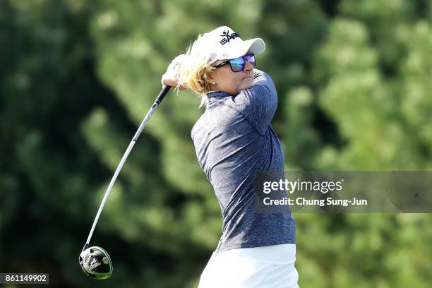 Anna Nordqvist of Sweden plays a tee shot on the 2nd hole during the third round of the LPGA KEB Hana Bank Championship at the Sky 72 Golf Club Ocean...