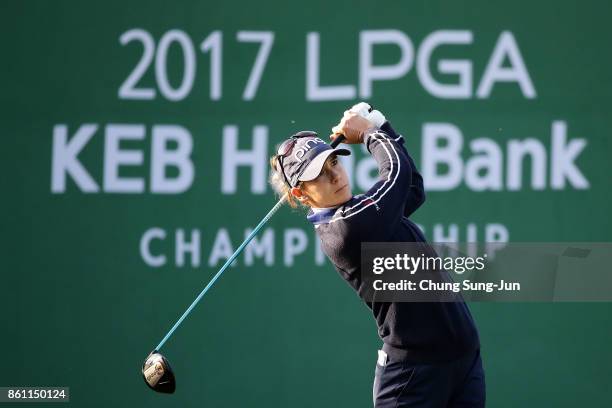 Azahara Munoz of Spain plays a tee shot on the 1st hole during the third round of the LPGA KEB Hana Bank Championship at the Sky 72 Golf Club Ocean...