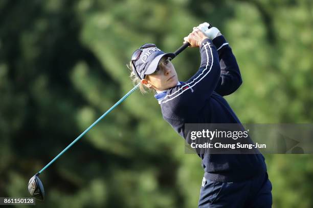 Azahara Munoz of Spain plays a tee shot on the 2nd hole during the third round of the LPGA KEB Hana Bank Championship at the Sky 72 Golf Club Ocean...