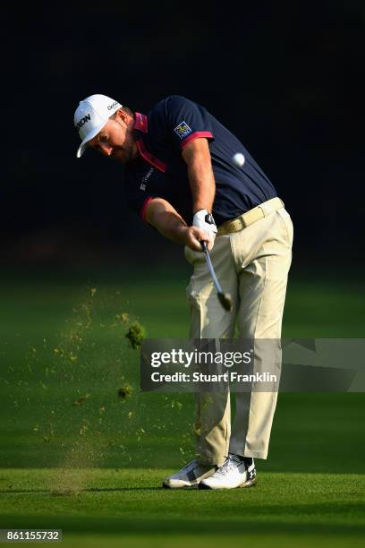 Graeme Mcdowell Of Northern Ireland plays a shot during day three of the 2017 Italian Open at Golf Club Milano - Parco Reale di Monza on October 14,...