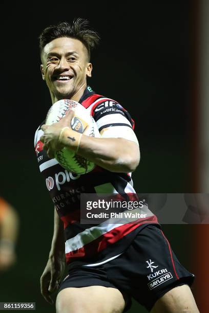 Tim Nanai-Williams of Counties runs in for a try during the round nine Mitre 10 Cup match between Counties Manukau and Tasman at ECOLight Stadium on...