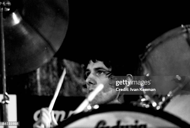 English drummer Aynsley Dunbar performs live on stage with rock group The Jeff Beck Group at the Seventh National Jazz and Blues Festival at Windsor...