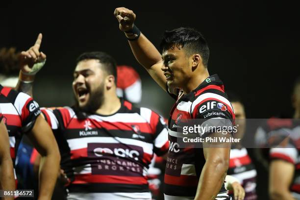 Liam Daniela of Counties celebrates a try during the round nine Mitre 10 Cup match between Counties Manukau and Tasman at ECOLight Stadium on October...