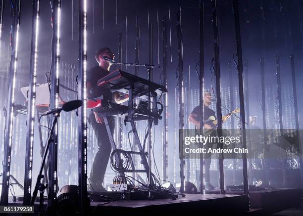 Gus Unger-Hamilton, Joe Newman and Thom Sonny Green of alt-J performs on stage at Doug Mitchell Thunderbird Sports Centre on October 13, 2017 in...