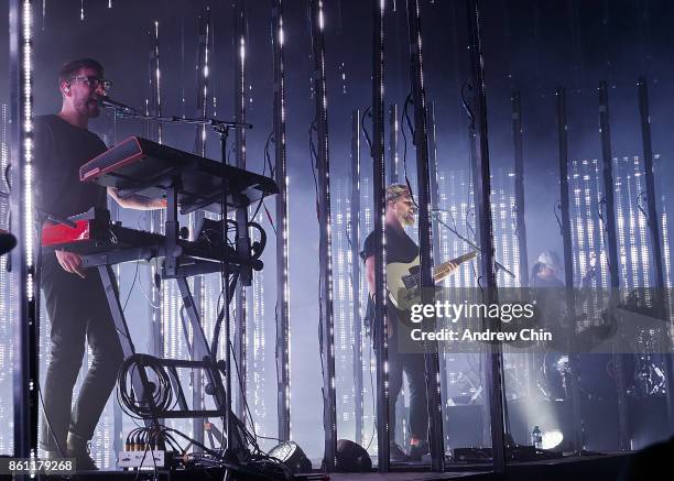 Gus Unger-Hamilton, Joe Newman and Thom Sonny Green of alt-J performs on stage at Doug Mitchell Thunderbird Sports Centre on October 13, 2017 in...