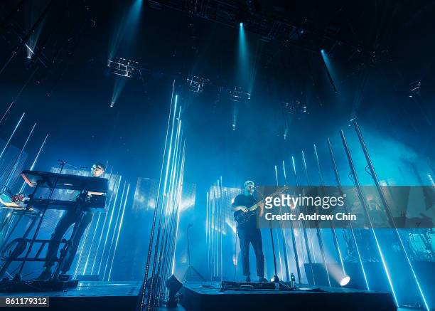 Gus Unger-Hamilton, Joe Newman and Thom Sonny Green of alt-J performs on stage at Doug Mitchell Thunderbird Sports Centre on October 13, 2017 in...